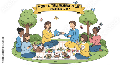 Diverse group of people having a picnic for autism awareness inclusion