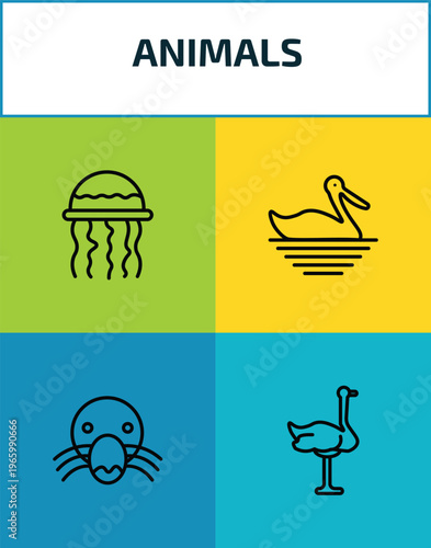 animals outline icon set. 4 linear vector for ui, web and mobile. thin line medusa, pelican, mole, ostrich icons.