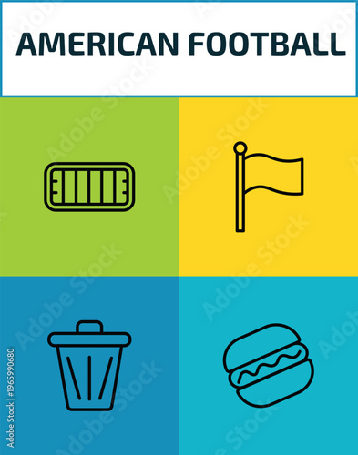 american football outline icon set. 4 linear vector for ui, web and mobile. thin line american football mark, flag, trash can, hot dog icons.