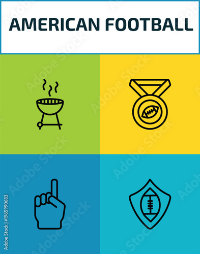 american football outline icon set. 4 linear vector for ui, web and mobile. thin line with wheels, football medal, foam finger, football shield icons.