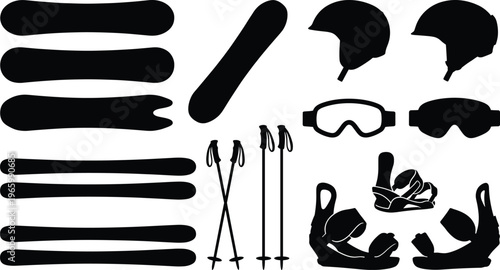 Ski equipment silhouette collection with skis helmets goggles poles and bindings winter sports gear icons isolated black vector set for design