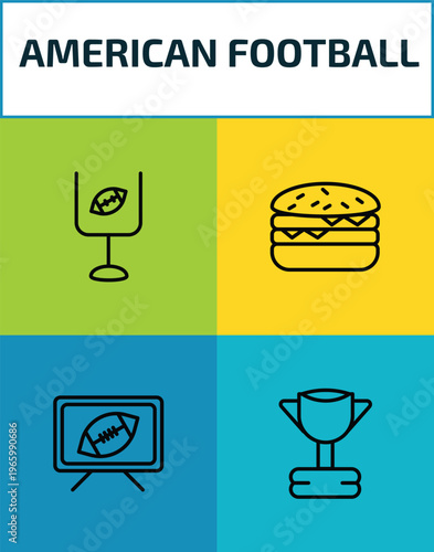 american football outline icon set. 4 linear vector for ui, web and mobile. thin line american football goal, hamburger, football tv program, trophy icons.