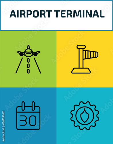 airport terminal outline icon set. 4 linear vector for ui, web and mobile. thin line landing runway, right wing, calendar day thirty, security control icons.