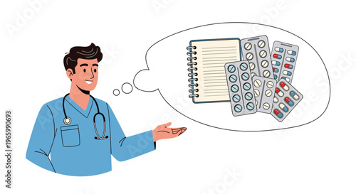 Smiling male doctor in blue scrubs thinking about medical prescriptions, medications, and clinical notes for patient healthcare management.