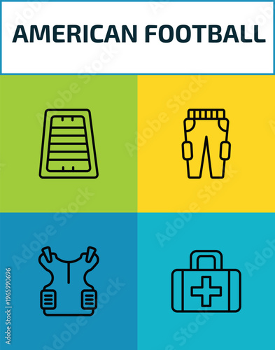 american football outline icon set. 4 linear vector for ui, web and mobile. thin line football field, practice pants, padded shirt, first aid kit icons.