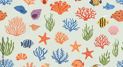 Colorful seamless pattern featuring various types of coral reef, tropical fish, starfish, and sea shells on a soft neutral background.