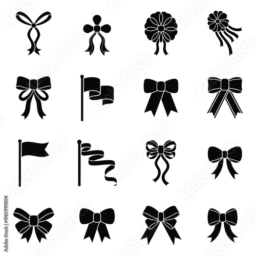 A collection of black silhouette icons featuring various decorative ribbon bows and flag symbols on a white background.