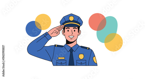 Friendly police officer in a blue uniform performing a formal salute with colorful abstract circles in the background.