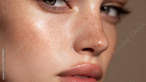 Close-up portrait of woman with flawless makeup and natural skin texture