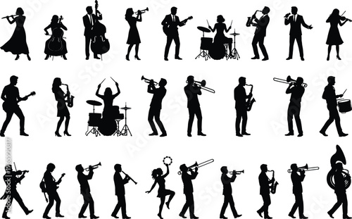 Musician silhouettes vector set isolated on white background, band performers playing instruments including guitar, drums, saxophone, trumpet for music design, concert, clipart elements