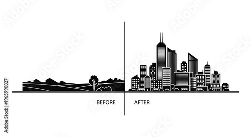 A stark comparison of a natural landscape and a modern cityscape visually split with a dividing line silhouette high quality