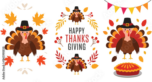 Set of cute Thanksgiving vector illustrations featuring cartoon turkeys with pilgrim hats autumn maple leaves pumpkin pie and happy thanksgiving text.