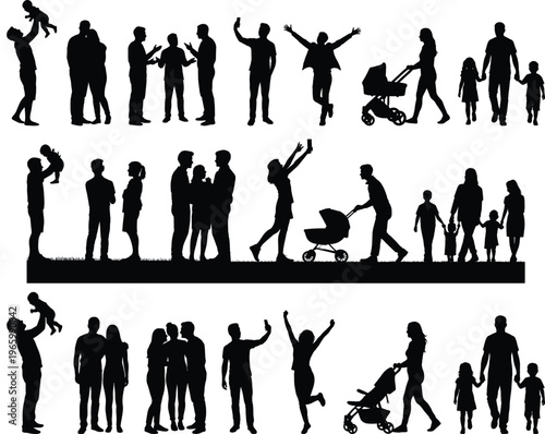 Family silhouettes vector set isolated on white background, parents with children walking, playing, stroller scenes for lifestyle design, parenting, social concept, clipart elements