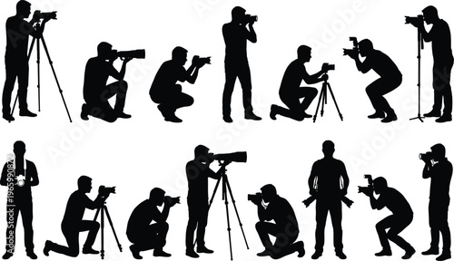 Photographer silhouettes vector set isolated on white background, professional camera operators with tripod and shooting poses for photography, media, studio, clipart elements