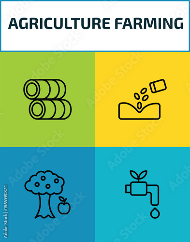 agriculture farming outline icon set. 4 linear vector for ui, web and mobile. thin line hay roll, plant seeds, monoculture, irrigation icons.