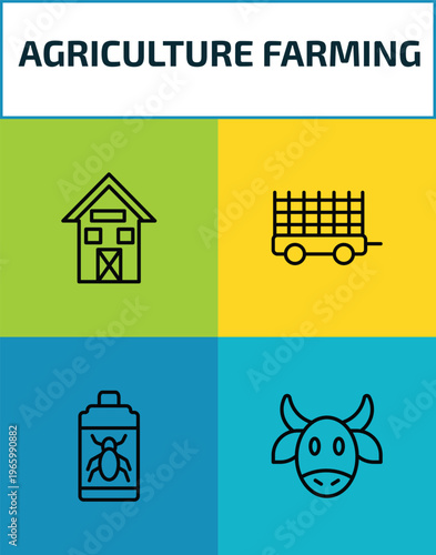 agriculture farming outline icon set. 4 linear vector for ui, web and mobile. thin line shed, farm trailer, insecticide, ox icons.