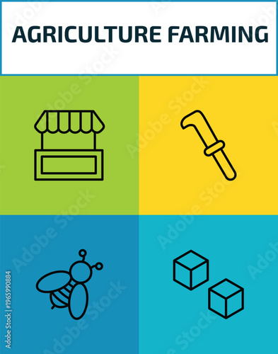 agriculture farming outline icon set. 4 linear vector for ui, web and mobile. thin line stall, billhook, bees, sugar icons.