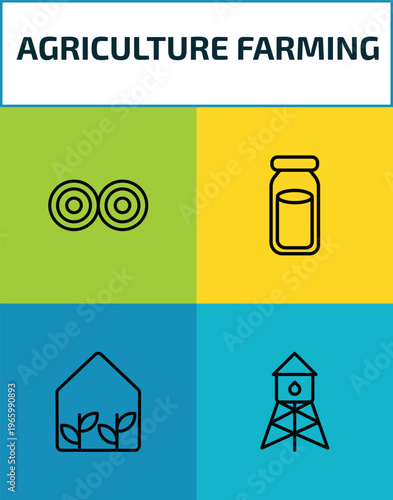 agriculture farming outline icon set. 4 linear vector for ui, web and mobile. thin line hay bale, milk jar, greenhouse, water tower icons.