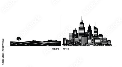A stark contrast depicts rural landscape transforming into a modern cityscape visually represented as a bold silhouette high quality professional detailed