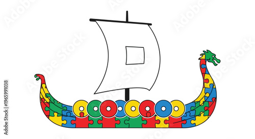 Viking longship decorated with colorful puzzle pieces on white background