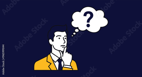 Concerned businessman in a yellow jacket holding his chin and thinking with a large question mark in a thought bubble.