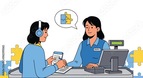 Store clerk assisting customer with headphones at retail checkout counter