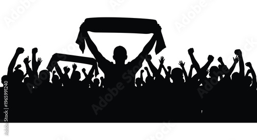 A large crowd of people celebrating with arms raised one person holding a banner aloft depicted in silhouette high quality professional