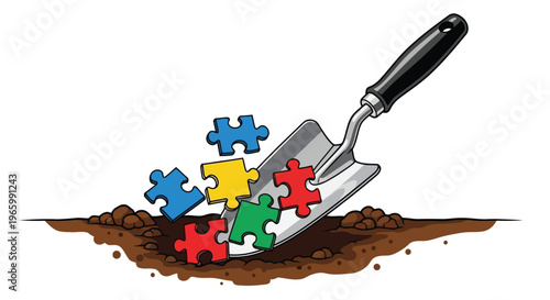 Metal garden trowel digging colorful puzzle pieces from dark soil