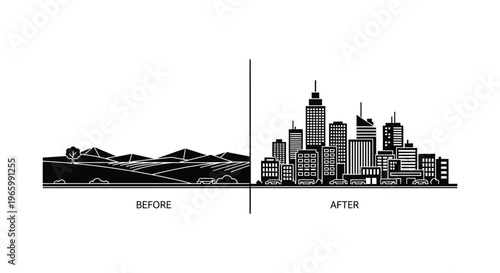 A stark contrast depicts a natural landscape transitioning into a modern cityscape presented as a black silhouette high quality professional detailed