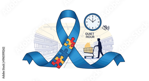Shopping basket in quiet hour store with blue awareness ribbon icon