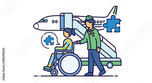 Flight attendant assisting passenger in wheelchair at airplane stairs