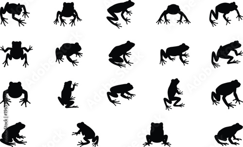 Frog silhouettes collection featuring various amphibian poses jumping sitting and crawling isolated on white background vector set for wildlife nature illustration design