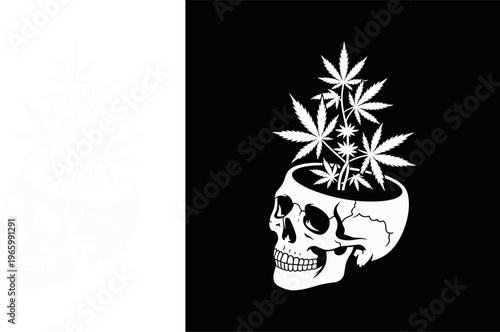 Skull with Cannabis Plant Illustration, Minimalist Black and White Flat Graphic Art