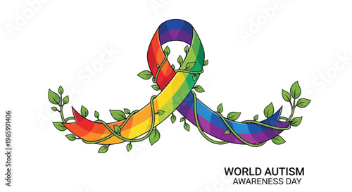 Rainbow ribbon wrapped in lush green vines for autism awareness day