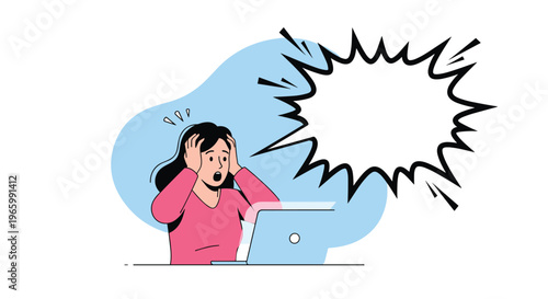 Stressed woman at a laptop looking shocked and terrified with a large jagged blank speech bubble for an urgent message or alert.
