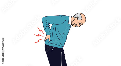Senior man leaning forward and clutching his lower back in pain with red lightning bolt icons representing backache or injury.