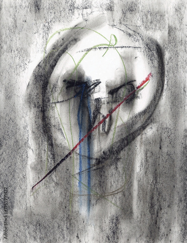 Dessin du visage d'un homme souffrant de dépression et d'anxiété.	