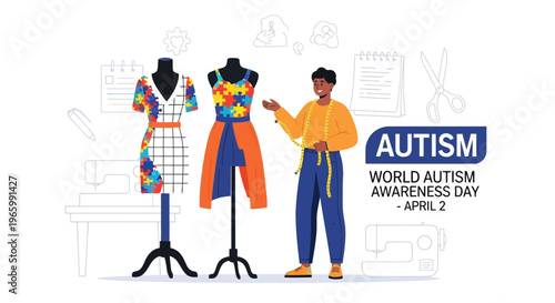 Fashion designer creating clothes with puzzle piece patterns for autism