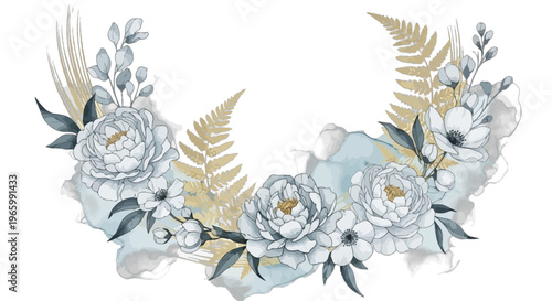 White Peony and Fern Wreath with Blue and Gold Accents Keywords: floral wreath, white peonies, ferns, blue accents, gold