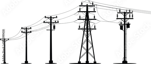 Electric transmission line silhouettes featuring power poles and high voltage towers isolated on white background vector illustration set for energy infrastructure design