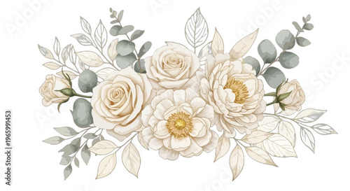 Elegant White Roses and Eucalyptus Floral Arrangement Watercolor peonies foliage