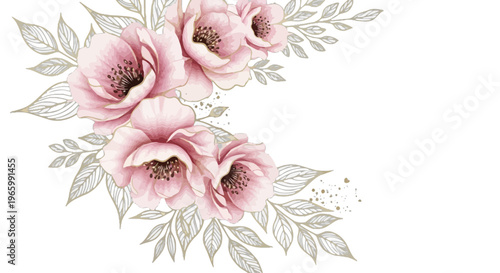 Pink Anemone Flowers and Dark Foliage Watercolor Arrangement floral arrangement dark leaves