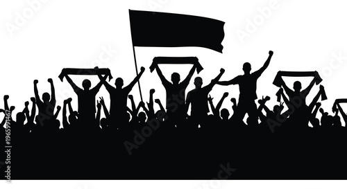 A jubilant crowd raises their arms and flags in celebration creating a dynamic scene in silhouette high quality professional detailed modern