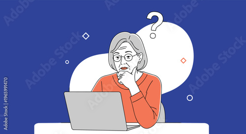 Senior woman looking confused and thoughtful while using a laptop computer with a question mark icon in the background.
