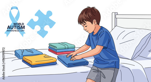 Young boy folding laundry in bedroom for autism awareness day concept