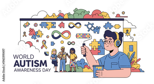 Group of diverse people painting autism awareness mural with puzzles