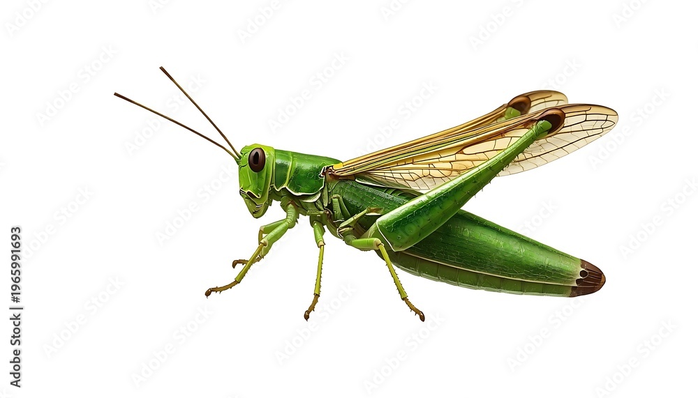 Fototapeta premium A vibrant green grasshopper poised, showcasing its long antennae and powerful legs against a pure white background.