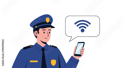 Smiling police officer in a blue uniform looking at his smartphone with a wifi signal icon in a speech bubble.