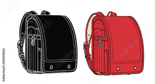 Traditional Japanese elementary school bags known as Randoseru shown in classic black and bright red colors side by side.