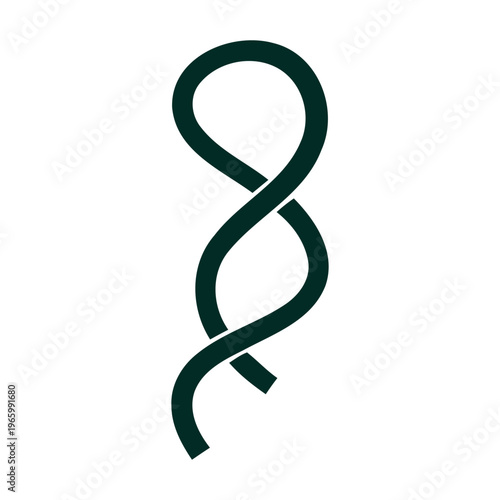 A minimalist abstract illustration of a dark green intertwined DNA double helix structure on a white background.